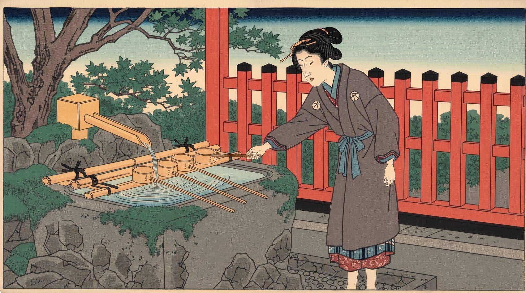 Ukiyo-e style illustration: a woman reaching toward the water basin at a shrine's purification pavilion.