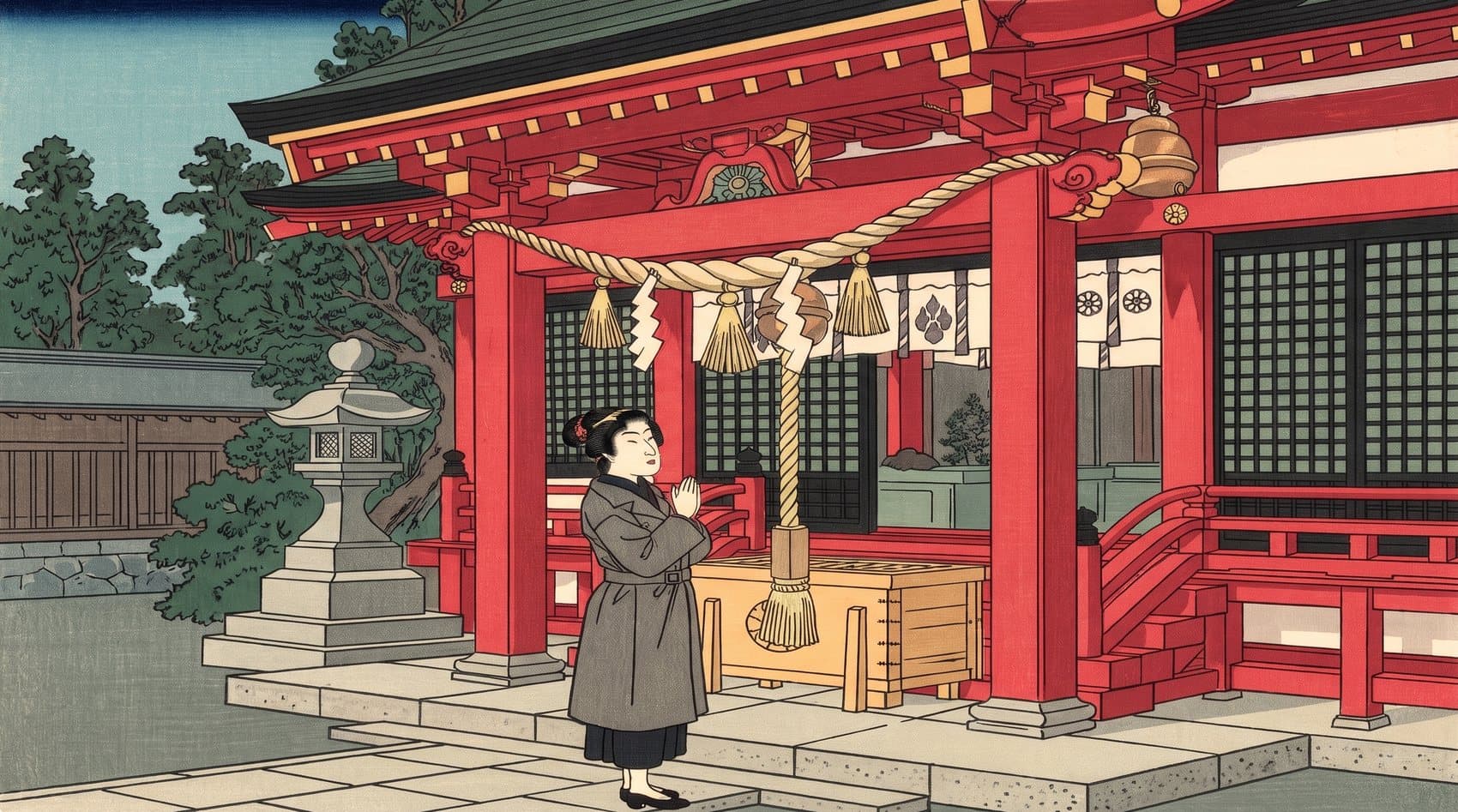 Ukiyo-e style illustration: a woman with palms together before a shrine hall hung with a shimenawa rope.