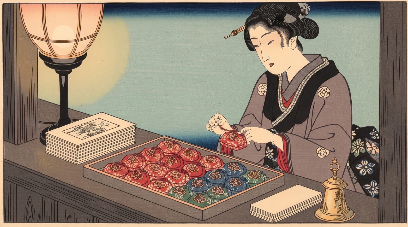 Ukiyo-e style illustration: at a shrine's amulet counter, a woman lifts one omamori from a tray of many.