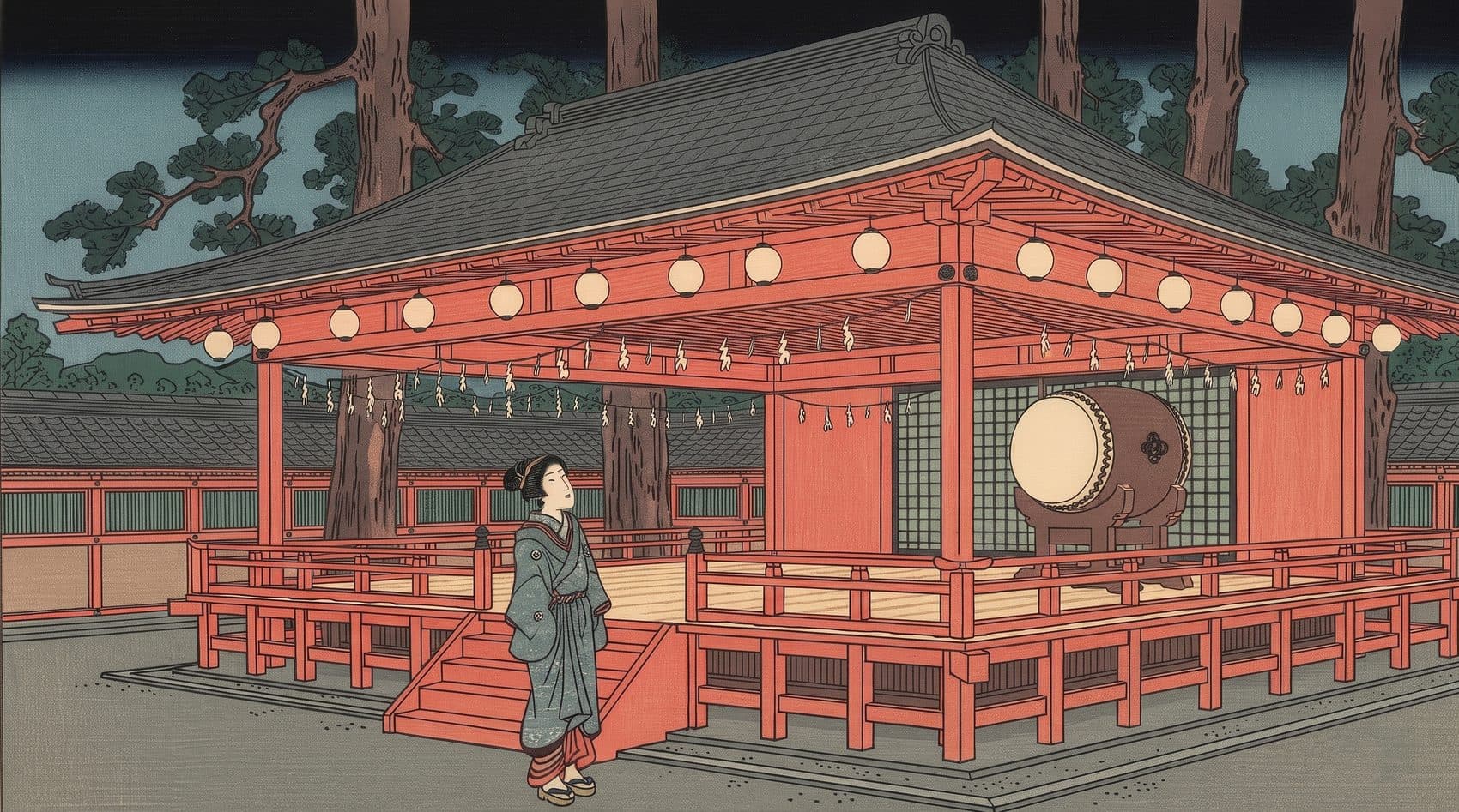 Ukiyo-e style illustration: a kagura stage hung with lanterns, a drum set in place, a woman standing at the steps.