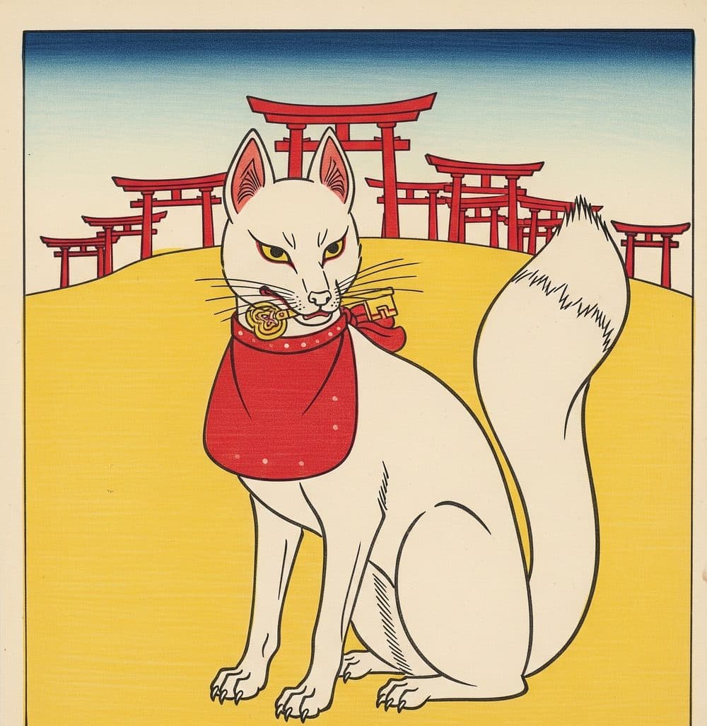 Ukiyo-e style illustration: a white Inari fox with a vermilion bib, holding a key.