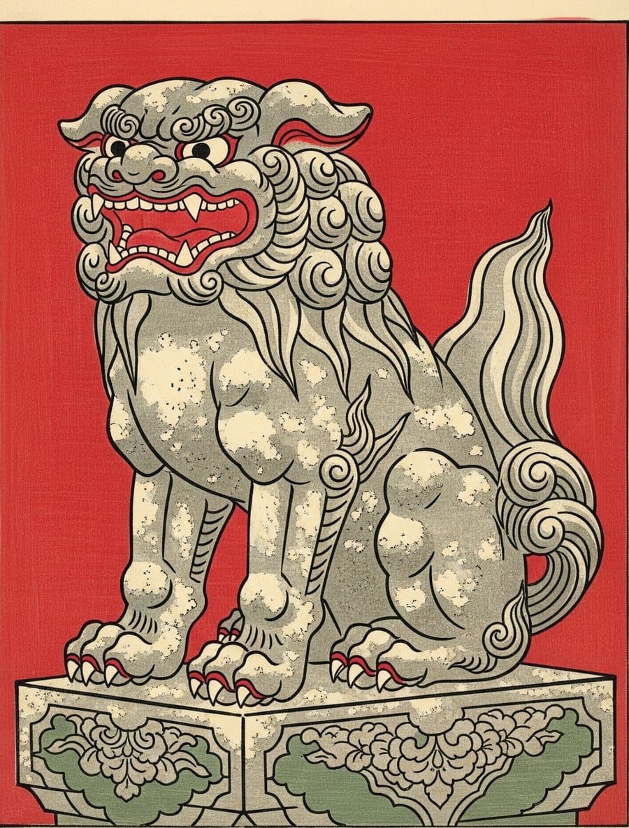 Ukiyo-e style illustration: a komainu guardian with its mouth open (a-gyō).