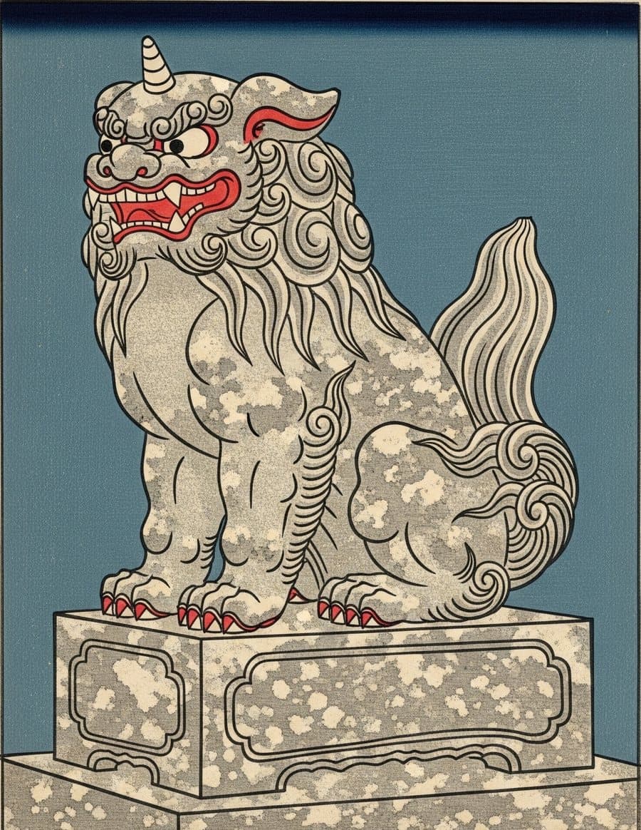 Ukiyo-e style illustration: a komainu guardian with its mouth closed (un-gyō).