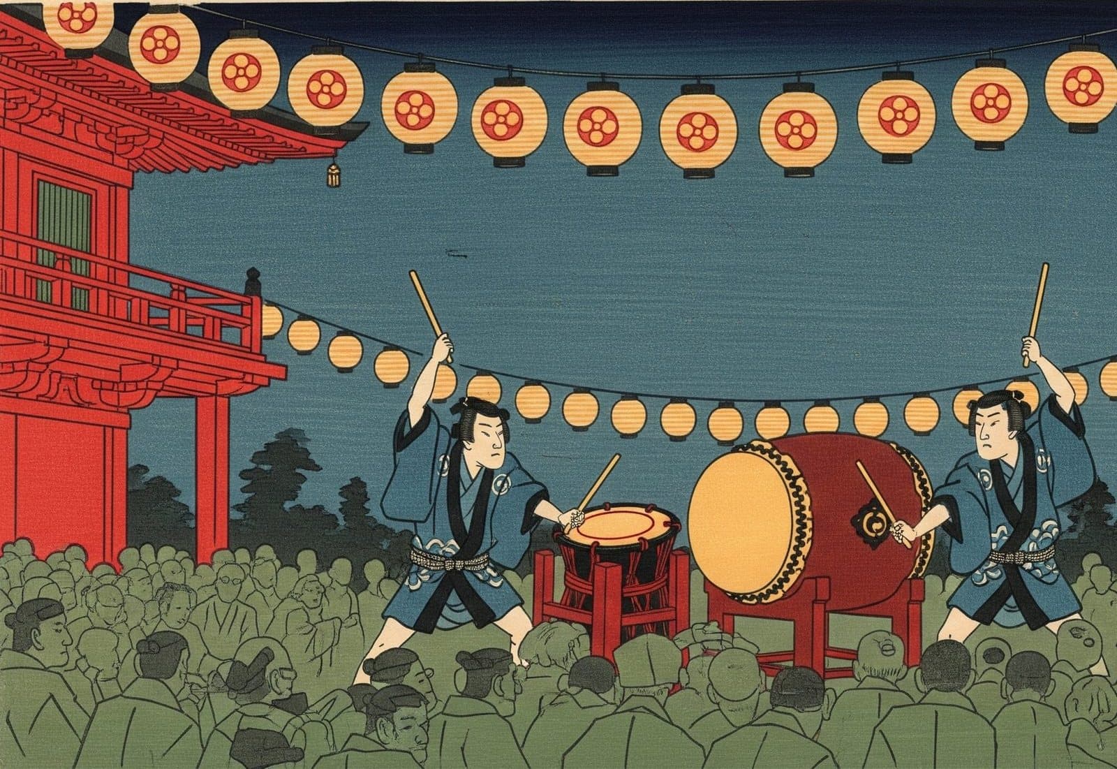 Ukiyo-e style illustration: two drummers beneath strung lanterns, with a crowd watching.