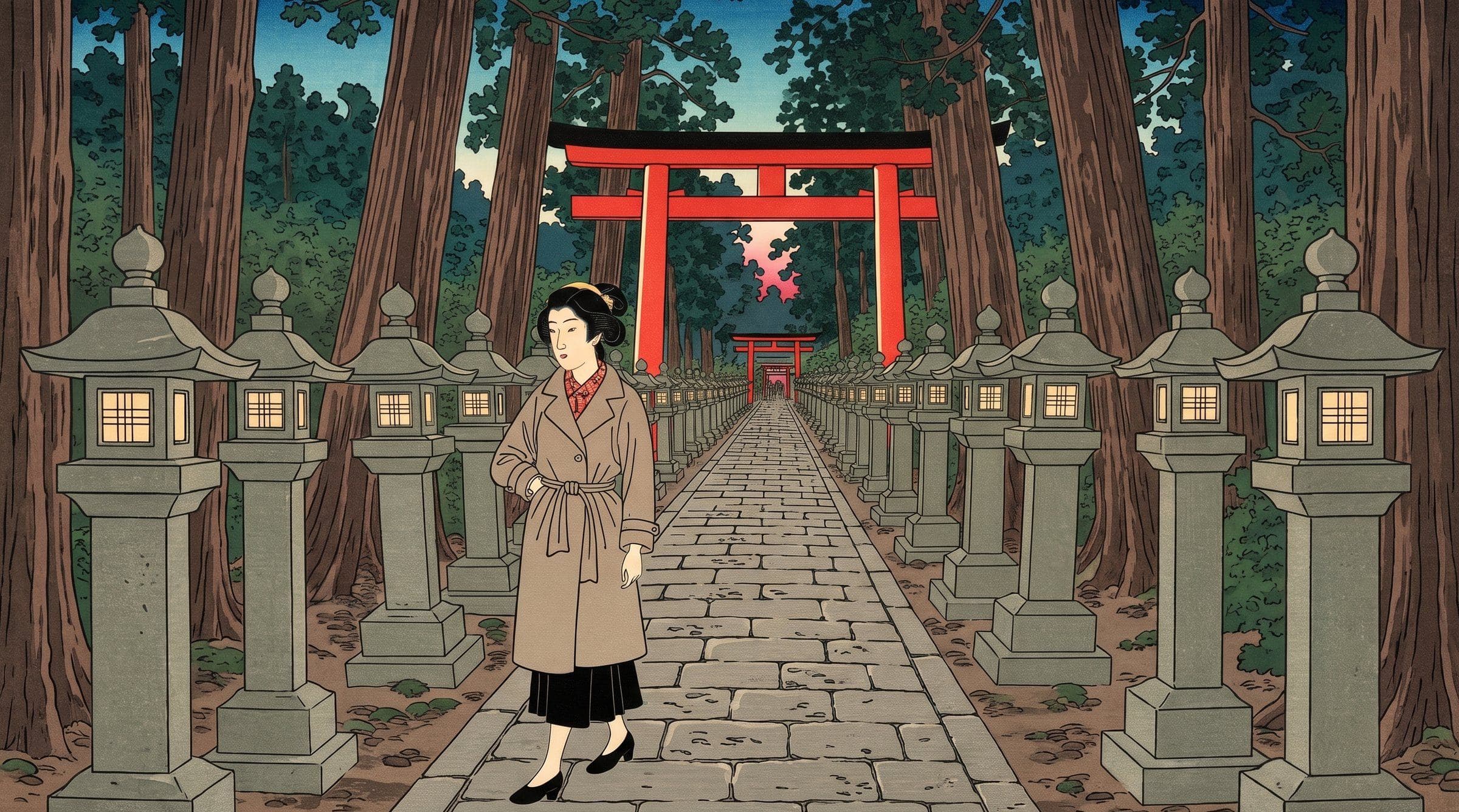 Ukiyo-e style illustration: a woman walking a lantern-lined shrine approach beneath tall cedars, a torii ahead.